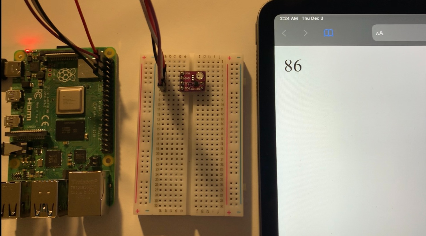 I2C Light Sensor, Raspberry Pi and Webpage Displaying Lumen Values